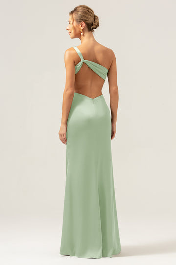 Dusty Sage Mermaid One Shoulder Backless Satin Long Bridesmaid Dress